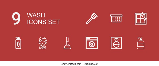 Editable 9 wash icons for web and mobile. Set of wash included icons line Soap, Washing machine, Plunger, Mechanic, Gel, Clean window, Laundry basket on red background