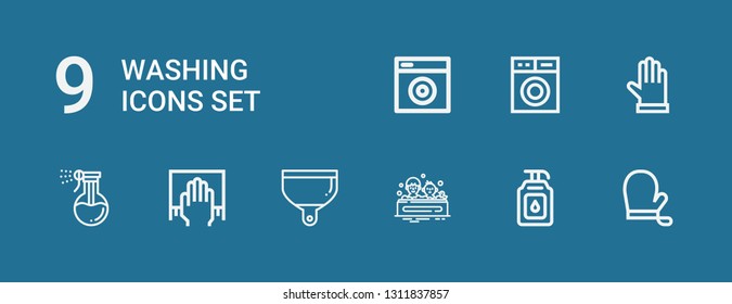 Editable 9 washing icons for web and mobile. Set of washing included icons line Gloves, Soap, Bath, Dustpan, Cleaning, Washing, machine on blue background