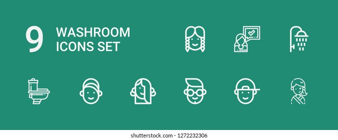 Editable 9 washroom icons for web and mobile. Set of washroom included icons line Girl, Boy, Toilet, Shower, Woman on green background