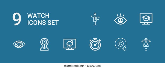 Editable 9 watch icons for web and mobile. Set of watch included icons line Cuckoo clock, Eye, Chronometer, Television, Clocks, Vision, Manager on blue background