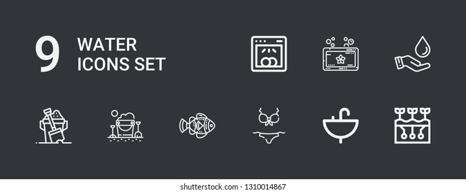 Editable 9 water icons for web and mobile. Set of water included icons line Farming, Sink, Bikini, Clown fish, Sand bucket, Sand, Save water, Soap, Dishwasher on dark background