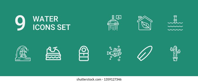 Editable 9 water icons for web and mobile. Set of water included icons line Plants, Surfboard, Fish, Sleeping bag, Jet ski, Skimboard, Underwater, Eco, Shower on green background