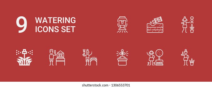 Editable 9 watering icons for web and mobile. Set of watering included icons line Gardener, Garden, Gardening, Sprinkler on red background
