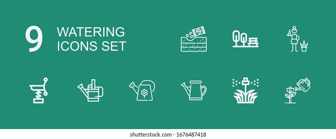 Editable 9 watering icons for web and mobile. Set of watering included icons line Garden, Sprinkler, Watering can, Spring, Gardener, Gardening on green background