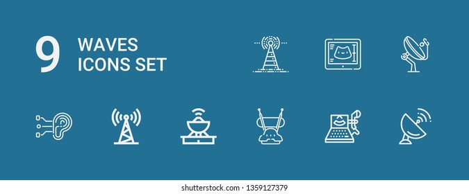 Editable 9 waves icons for web and mobile. Set of waves included icons line Antenna, Ultrasound, Ear on blue background