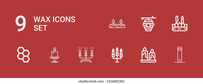 Editable 9 wax icons for web and mobile. Set of wax included icons line Crayon, Candle, Candles, Honeycomb, Beehive on red background