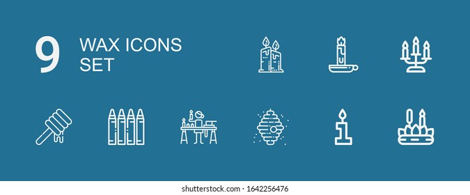 Editable 9 wax icons for web and mobile. Set of wax included icons line Candle, Beehive, Candle making, Crayon, Honey, Candles on blue background