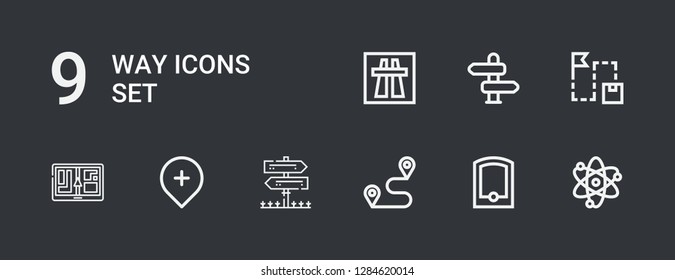 Editable 9 way icons for web and mobile. Set of way included icons line Solar system, Gps, Route, Sign Post, Direction, Motorway on dark background