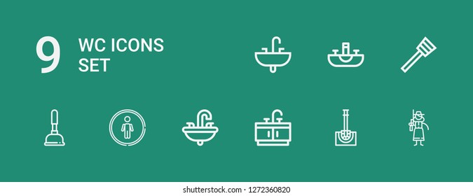 Editable 9 wc icons for web and mobile. Set of wc included icons line Cowgirl, Toilet brush, Bathroom, Sink, Restroom, Plunger on green background