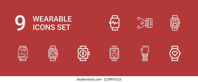 Editable 9 wearable icons for web and mobile. Set of wearable included icons line Smartwatch on red background