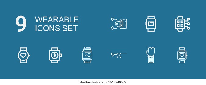 Editable 9 wearable icons for web and mobile. Set of wearable included icons line Smartwatch, Smart glasses on blue background