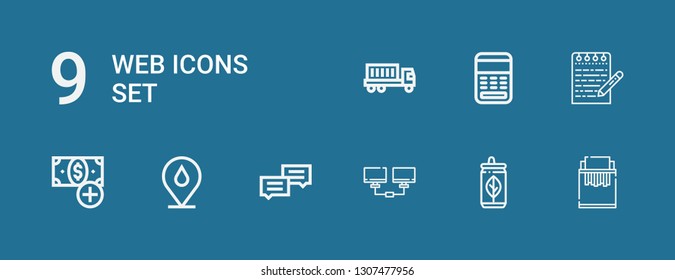 Editable 9 Web Icons For Web And Mobile. Set Of Web Included Icons Line Paper Shredder, Can, Network, Chat, Placeholder, Add Button, Note, Calculator, Truck On Blue Background