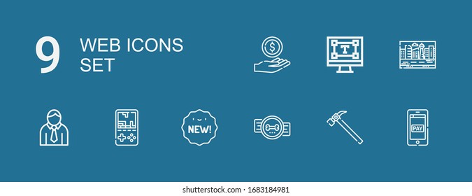 Editable 9 web icons for web and mobile. Set of web included icons line Payment method, Hammer, Badge, New, Gameboy, Avatar, Cityscape, Typography, Money on blue background