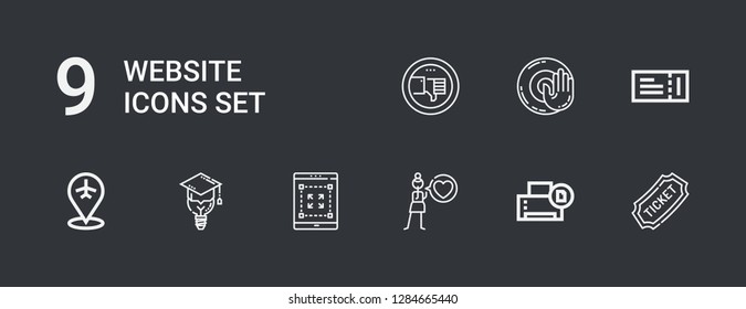 Editable 9 website icons for web and mobile. Set of website included icons line Ticket, Printer, Love, Tablet, Bulb, Placeholder, Dj music, Thumb down on dark background