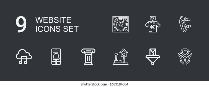 Editable 9 website icons for web and mobile. Set of website included icons line Hands, Email, Play, Column, Smartphone, Music file, Pads, Tshirt, Music on dark background