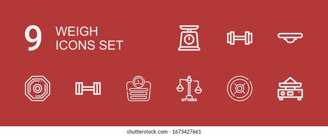 Editable 9 weigh icons for web and mobile. Set of weigh included icons line Balance, Weight, Scale on red background