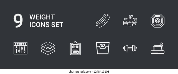 Editable 9 weight icons for web and mobile. Set of weight included icons line Treadmill, Dumbbell, Scale, Gym file, Dimensions, Equalizer, Weight, Diet, Hot dog on dark background