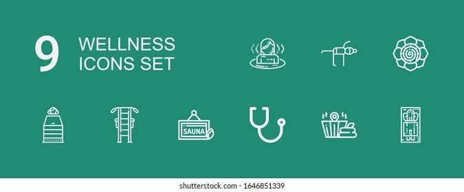 Editable 9 wellness icons for web and mobile. Set of wellness included icons line Massage, Sauna, Stethoscope, Gym station, Spiritual, Yoga on green background