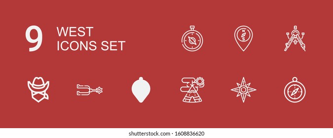Editable 9 west icons for web and mobile. Set of west included icons line Compass, Windrose, Indian tent, Spur, Cowboy on red background