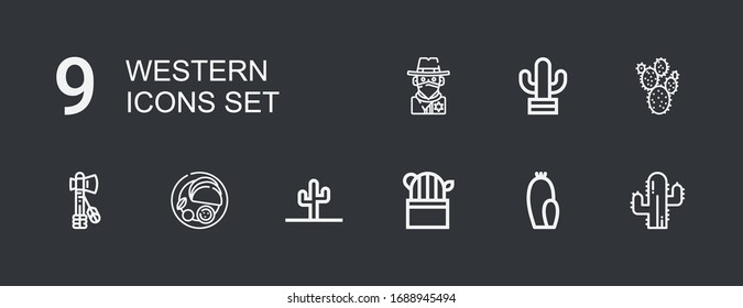 Editable 9 western icons for web and mobile. Set of western included icons line Cactus, Indian, Tomahawk, Prickly pear, Cowboy on dark background
