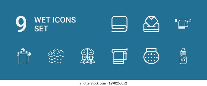 Editable 9 wet icons for web and mobile. Set of wet included icons line Eye dropper, Shower, Towel, Umbrella, Sea, Wipes on blue background