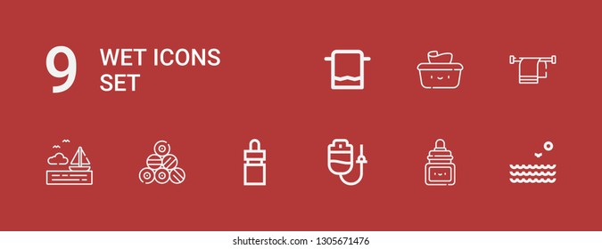Editable 9 wet icons for web and mobile. Set of wet included icons line Sea, Ink, Dropper, Eye dropper, Pool, Towel, Wet wipes on red background