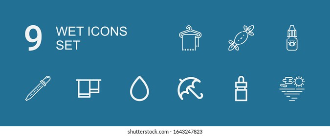Editable 9 iconos húmedos para web y móvil. Conjunto de íconos húmedos incluidos línea Mar, Cuentagotas, Paraguas, gota de sangre, Toalla, Pipeta, Tejidos sobre fondo azul