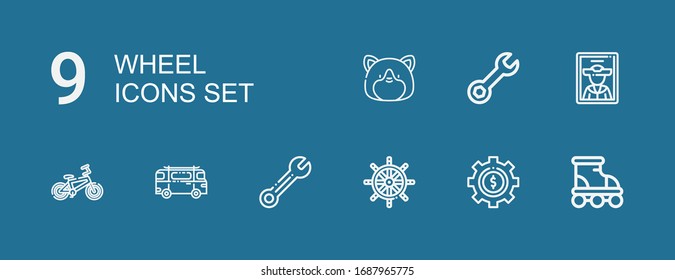 Editable 9 wheel icons for web and mobile. Set of wheel included icons line Roller, Cogwheel, Ship wheel, Wrench, Minibus, Bicycle, Pirate, Hamster on blue background