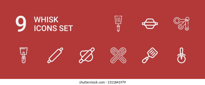 Editable 9 whisk icons for web and mobile. Set of whisk included icons line Pizza cutter, Spatula, Wooden spoon, Rolling pin, Measuring spoons on red background