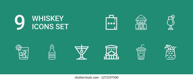 Editable 9 whiskey icons for web and mobile. Set of whiskey included icons line Cocktail, Cola, Bar, Rum, Vodka, Hip flask on green background