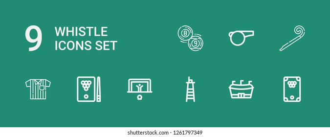 Editable 9 whistle icons for web and mobile. Set of whistle included icons line Billiard, Football, Lifeguard, Penalty, Referee, Party blower, Whistle on green background