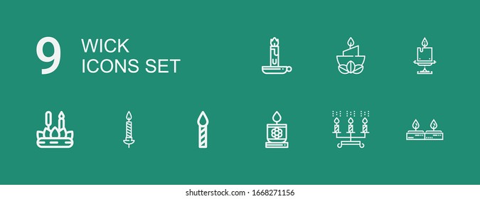Editable 9 wick icons for web and mobile. Set of wick included icons line Candles, Candle on green background