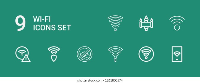 Editable 9 wi-fi icons for web and mobile. Set of wi-fi included icons line Wifi, Hotspot, Signal, Wireless, Wifi signal on green background