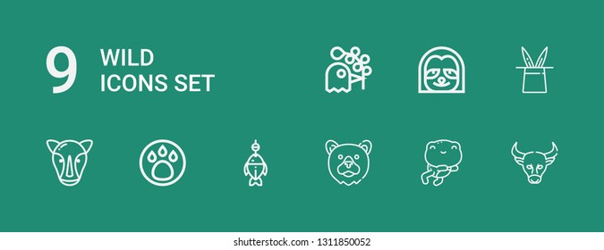 Editable 9 wild icons for web and mobile. Set of wild included icons line Buffalo, Frog, Bear, Fish, Animal, Rhino, Rabbit, Sloth, Pigeon on green background