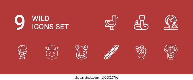 Editable 9 wild icons for web and mobile. Set of wild included icons line Caveman, Prickly pear, Centipede, Boar, Cowboy, Insect, Snake, Seagulls on red background