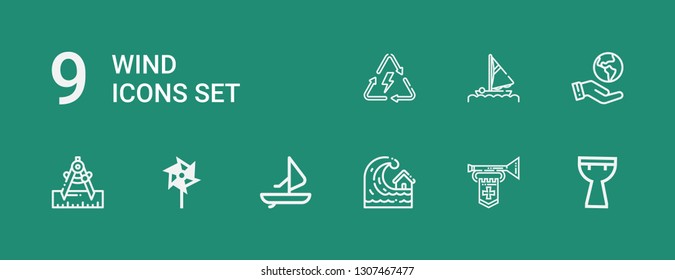 Editable 9 wind icons for web and mobile. Set of wind included icons line Kettledrum, Trumpet, Tsunami, Windsurf, Windmill, Compass, Ecologism, Sail, Energy on green background