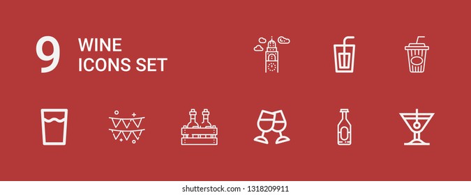 Editable 9 wine icons for web and mobile. Set of wine included icons line Cocktail, Soda, Toast, Alcoholic drink, Party, Drink, Cola, Croatia on red background