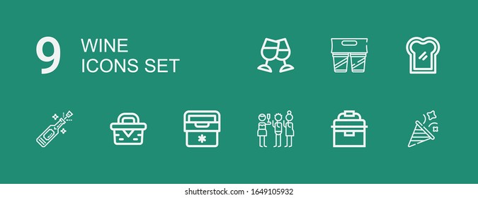 Editable 9 iconos de vino para web y móvil. Conjunto de vinos incluidos íconos Fiesta, Frigorífico portátil, Tostada, Frigorífico, Picnic, Champaña, Bebida sobre fondo verde