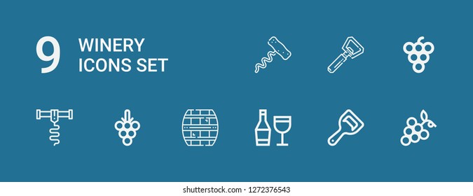 Editable 9 winery icons for web and mobile. Set of winery included icons line Grapes, Bottle opener, Wine, Cask, Corkscrew, Grape on blue background
