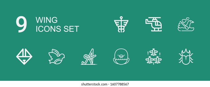 Editable 9 wing icons for web and mobile. Set of wing included icons line Beetle, Aircraft, Eagle, Calligraphy, Dove, Origami, Swan, Helicopter, Caduceus on green background