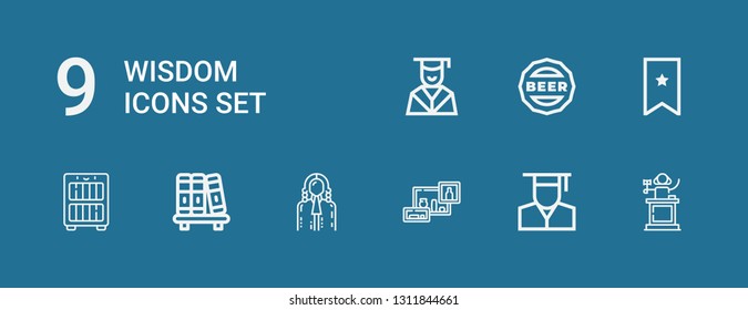 Editable 9 wisdom icons for web and mobile. Set of wisdom included icons line Judge, Graduate, Bookshelf, Bookcase, Bookmark, Cap, Graduation on blue background