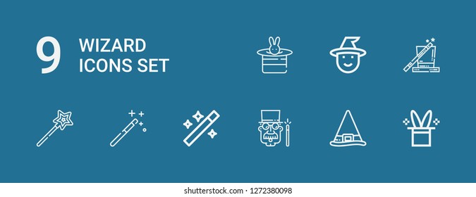 Editable 9 wizard icons for web and mobile. Set of wizard included icons line Magic hat, Witch, Magician, Wand, Magic wand, Magic on blue background