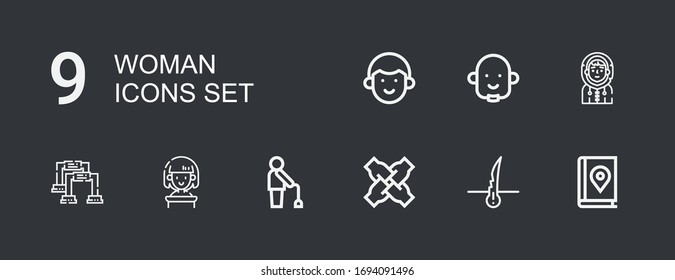 Editable 9 woman icons for web and mobile. Set of woman included icons line Map book, Hair, Teamwork, Old man, Woman, Pushup, Eskimo, Avatar on dark background