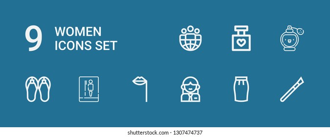 Editable 9 women icons for web and mobile. Set of women included icons line Makeup, Skirt, Woman, Lips, Toilet, Sandals, Perfume, Leader on blue background