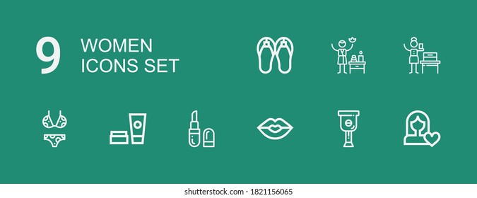 Editable 9 Women Icons For Web And Mobile. Set Of Women Included Icons Line Women Rights, Leg, Kiss, Lipstick, Cosmetics, Bikini, Woman Suffrage, Spa, Sandals On Green Background