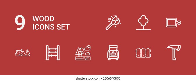 Editable 9 wood icons for web and mobile. Set of wood included icons line Axe, Fence, Trunk, Trees, Abacus, Bush, Cutting board, Tree, Matches on red background