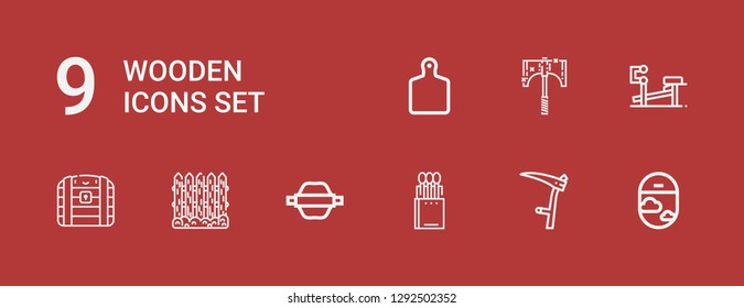 Editable 9 wooden icons for web and mobile. Set of wooden included icons line Window, Scythe, Matches, Rolling pin, Fence, Chest, Bench, Axe, Cutting board on red background