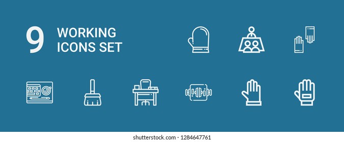 Editable 9 working icons for web and mobile. Set of working included icons line Glove, Gloves, Work table, Desk, Broom, Meeting on blue background