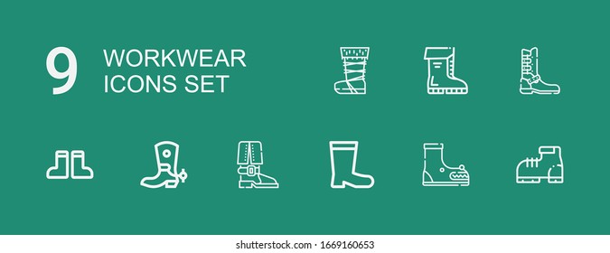 Editable 9 workwear icons for web and mobile. Set of workwear included icons line Boot, Boots on green background