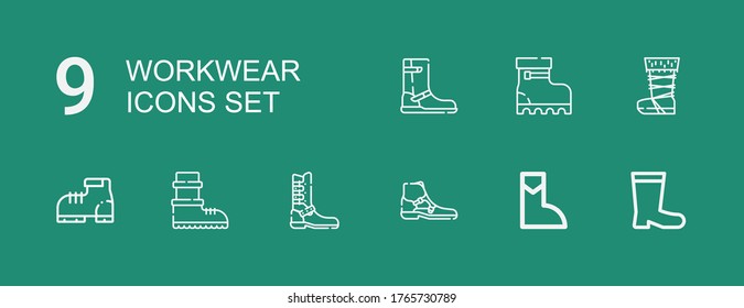 Editable 9 workwear icons for web and mobile. Set of workwear included icons line Boots, Boot on green background